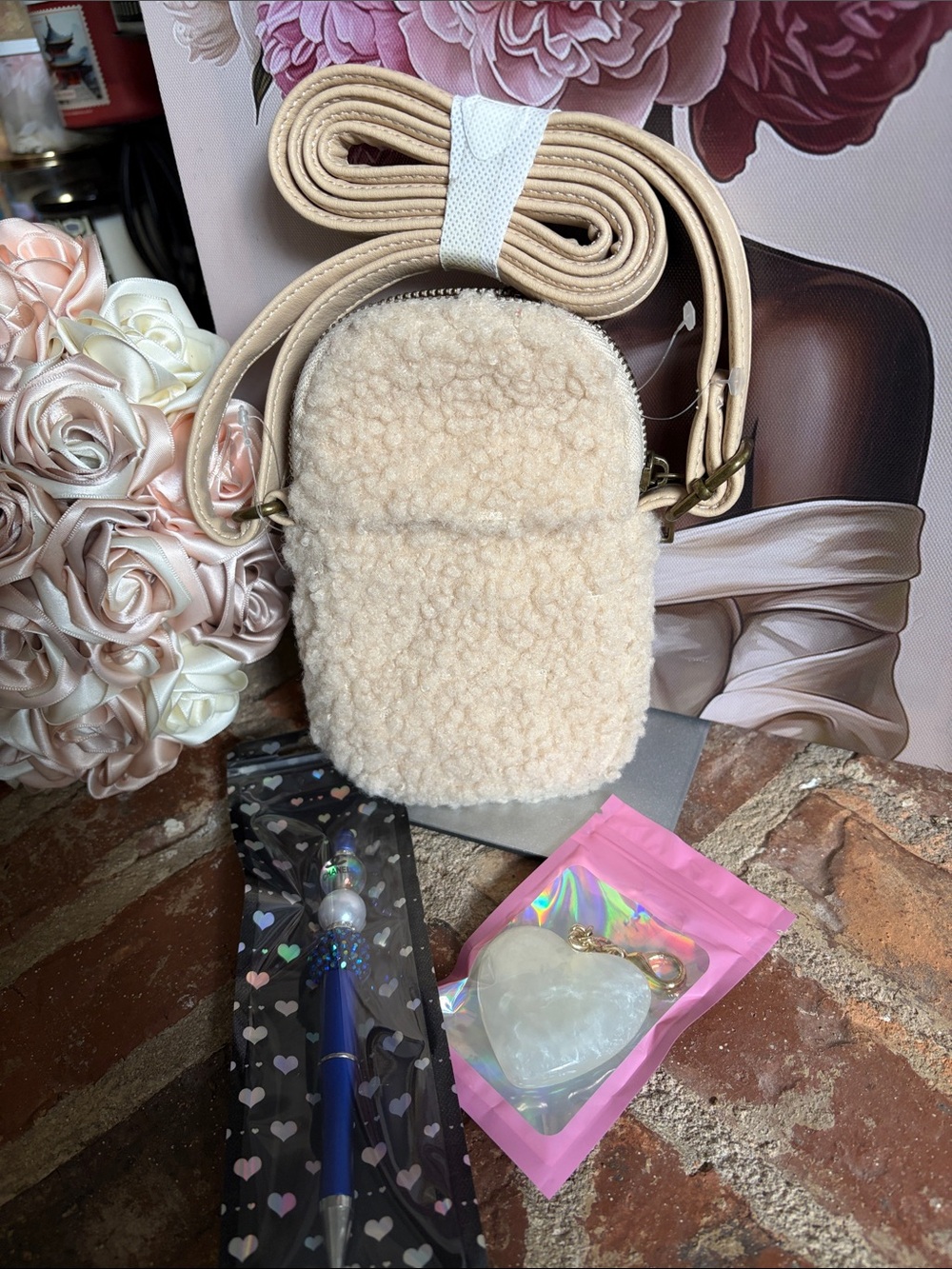 Cozy Cream Sherpa Crossbody Bag 3fer- charm,pen,bag